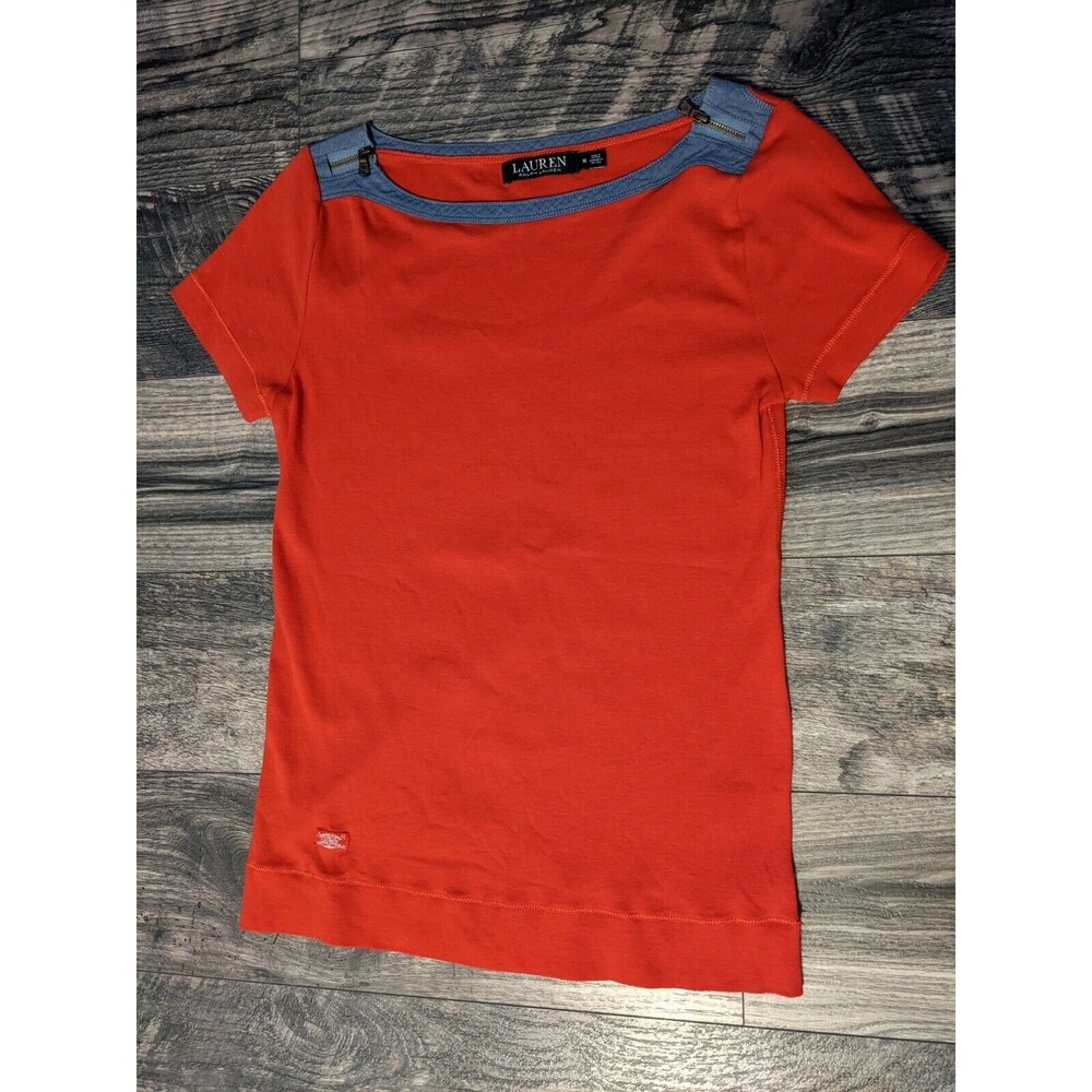Lauren Ralph Lauren Shirt Women's Red Blue Zip Collar Top Boat Neck Medium